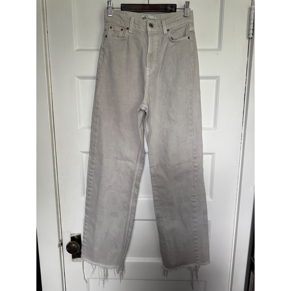 Zara The 90s Full Length High Waisted Wide Leg Jeans Light Grey Size 2